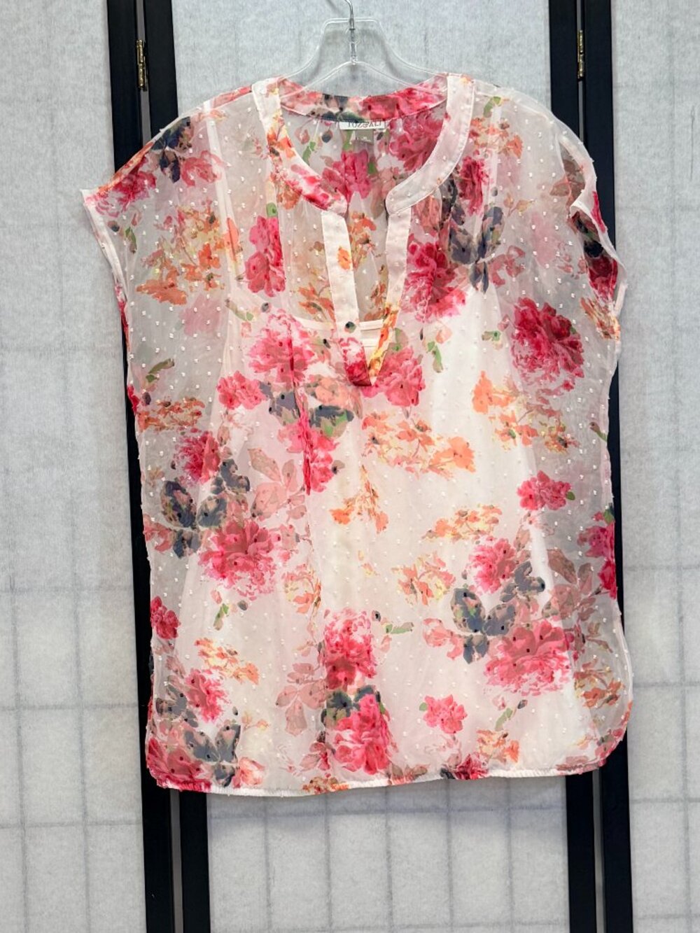 Roz & Ali Swiss Dot Sheer Blouson +Camisole XL Band V Neck White Pink Floral